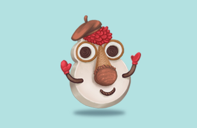 The image shows a cartoon apple character with googly eyes and a mouth, holding a heart on one hand and what appears to be a toothbrush in the other. The background is solid blue.