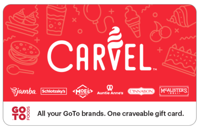 The image shows a red background with white and yellow text that reads "CARVEL GO". There are two rectangular images. On the left, there's a close-up of a slice of cake with the word "CARVEL" in bold white letters. To the right, another rectangle contains a gift card promotion graphic with more dessert items like cakes and pastries. The text on this rectangle announces an opportunity to win all your Carvel Go-To Brands' gift cards for one year. The style of the image is promotional and colorful.