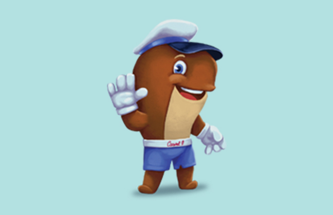 Cartoon ice cream cone character waving from street corner.
